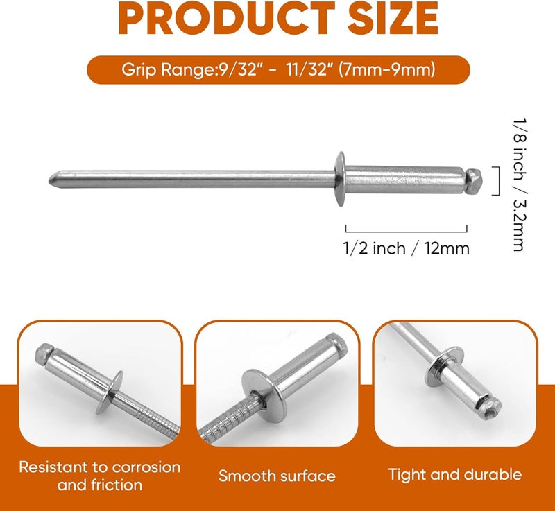 ALLCLEAN 240 Pcs 1/8"x1/2" Stainless Steel Blind Pro Rivets,3.2 x 12mm Pop Rivets,Stainless Steel Grip and Stainless Steel Mandrel - Image 2